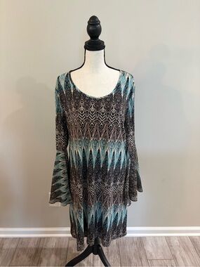 MSK Teal Black Cream Patterned Long Sleeve Dress